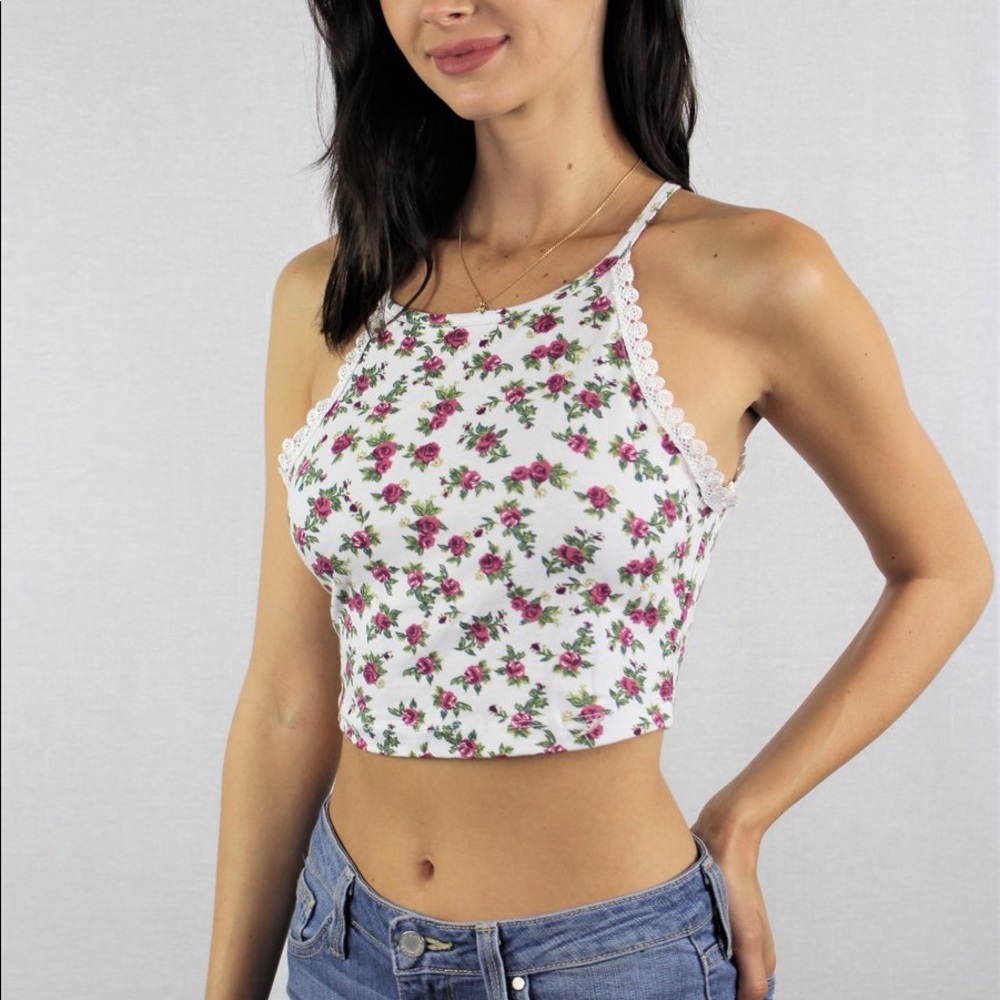 Rose Floral Printed Lace Detail Crop Top - Picture 1 of 4